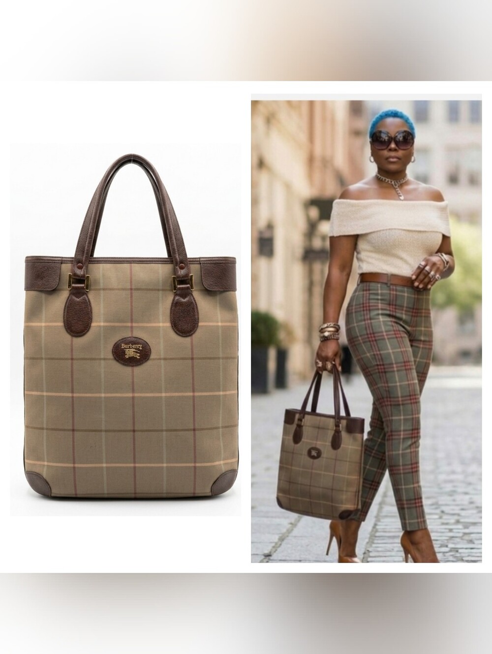 Burberrys Vintage Olive & Brown Plaid Tote Bag